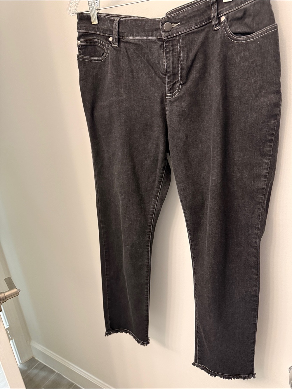 Eileen Fisher Women’s Black Stretch Slim Jeans with fringe hem